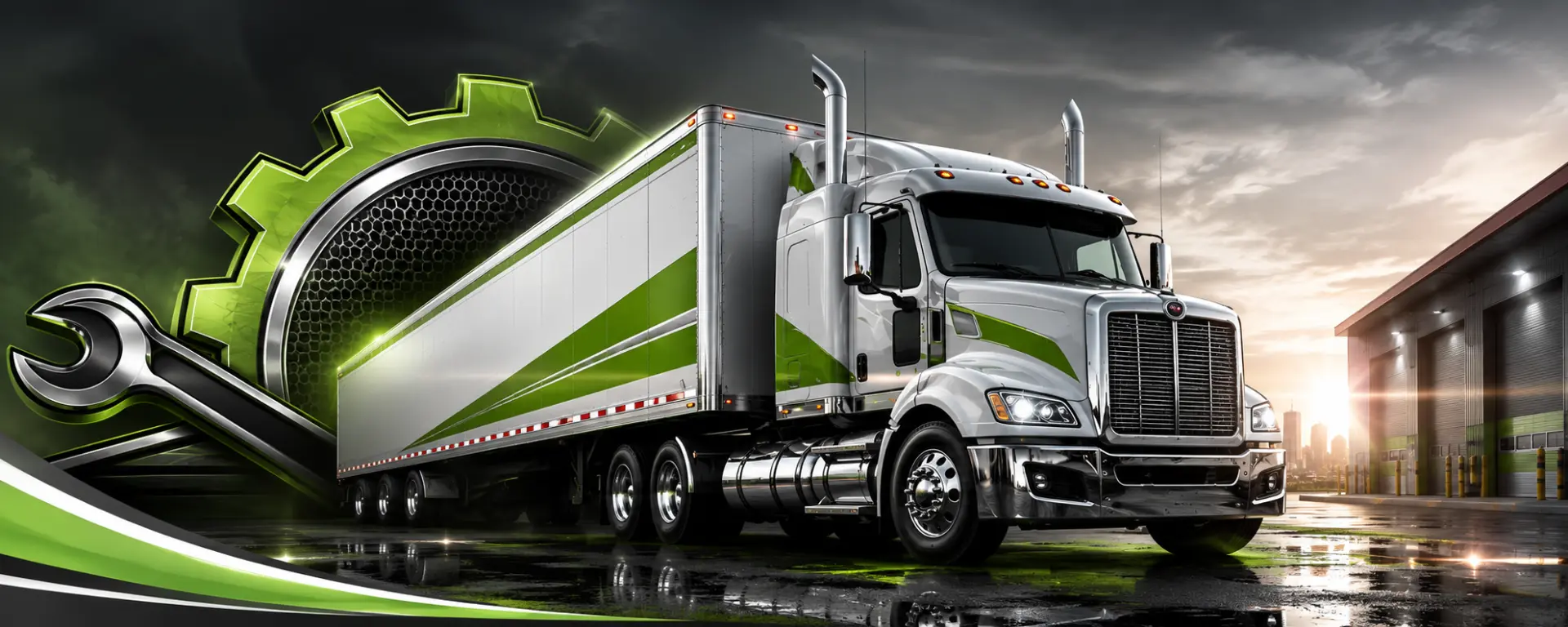 White and green semi-truck with trailer repair gear and wrench graphics