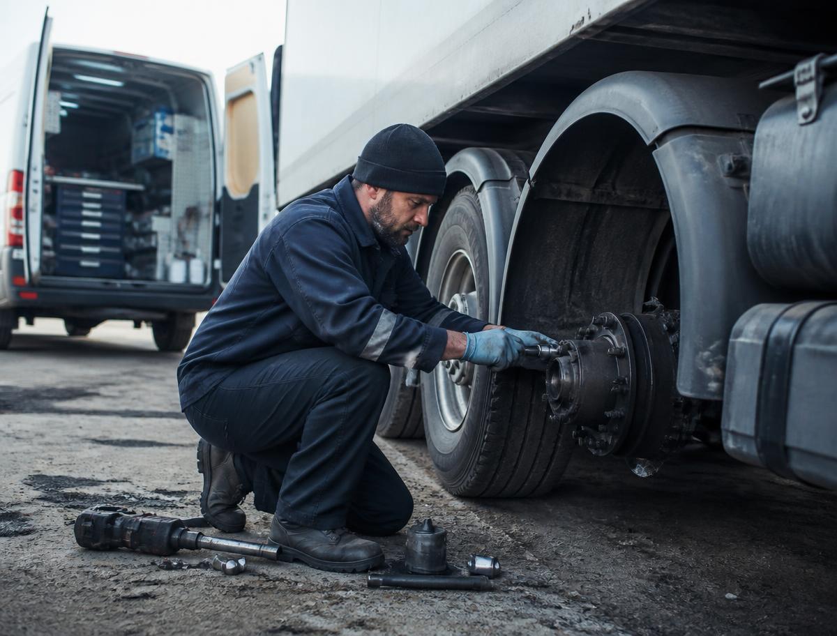 Mobile diesel mechanic repairing a commercial trailer wheel end on location